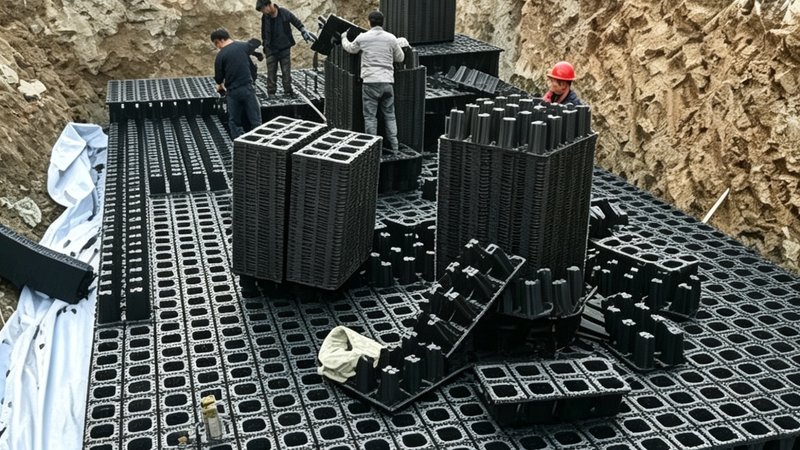 施工人员在基坑内安装PP雨水收集模块（横屏现场图）