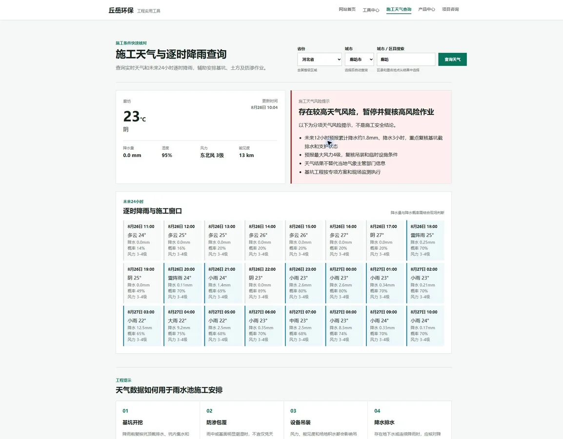 丘岳环保施工天气与逐时降雨查询页面